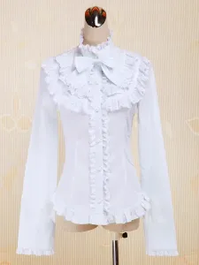 White Cotton Lolita Blouse Long Sleeves Stand Collar Lace Trim Ruffles Bow #407309