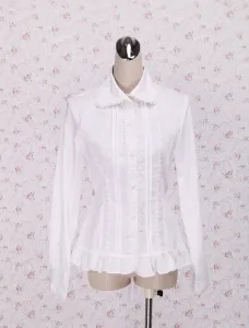 White Cotton Lolita Blouse Long Sleeves Waist Belt Ruffles Trim #407119
