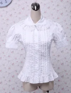 White Cotton Lolita Blouse Short Sleeves Layered Lace Trim Ruffles #407101