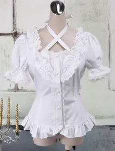 White Cotton Lolita Blouse Short Sleeves Neck Straps Lace Trim Ruffles #402539