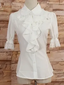 White Middle Sleeves Lolita Blouse with Lapel and Ruffles #410926