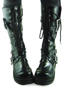 Gothic Black Lolita Boots Chunky Heels Shoelace Straps Buckles #410047
