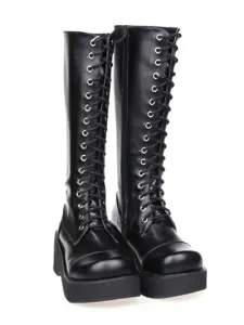 Gothic Black Lolita Boots Platform Shoelace Zip Designed #403864