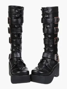 Gothic Black Lolita Boots Platform Shoes Buckles Shoelaces #407848