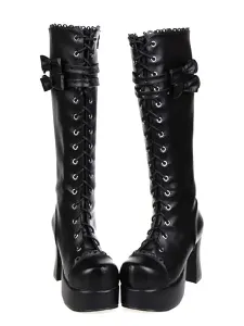 Gothic Black Lolita Chunky Heels Boots Platform Shoelace Bows #403345