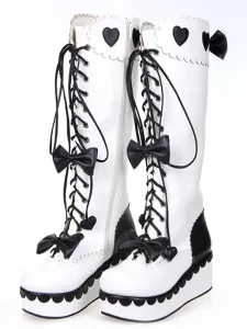 Sweet Black Leather Front Lace Up Bow Lolita Boots