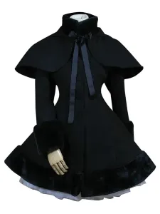 Gothic Lolita Outfits Wool Black Ribbons Hooded Cape With Winter Coat #420404
