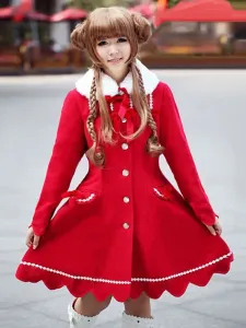 Red Lolita Coat Cashmere Flare Sweet Lolita Overcoat Fur Collar Long Sleeve Lace Up Winter Lolita Coat #413962