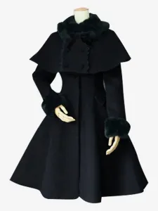 Sweet Lolita Coat Black Wool Turndown Collar Long Sleeve Slim Fit Detachable Lolita Cape Coat #413968