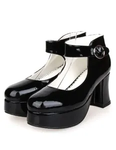 Glossy Black High Chunky Heels Lolita Shoes Platform Ankle Strap Buckle #404828