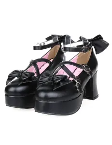 Matte Black Lolita Heels Shoes Platform Shoes Ankle Strap  Buckles Bows #404630