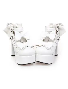 Matte White Lolita Chunky Heels Shoes Platform Shoes Ankle Straps Bows Decor Buckles #404597