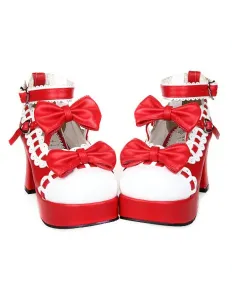Sweet Chunky Heels Lolita Shoes Platform Bows White Trim Ankle Strap Heart Shape Buckles #404608