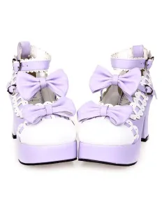 Sweet Chunky Heels Lolita Shoes Platform Bows White Trim Ankle Strap Heart Shape Buckles #404619