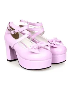 Sweet Lolita Chunky Heels Shoes Platform Shoes Ankle Straps Bow Decor Buckle #404663