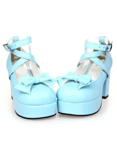 Sweet Lolita Chunky Heels Shoes Platform Shoes Ankle Straps Bow Decor Buckle #404674