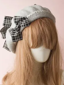 Classic Lolita Beret Plaid Bow Wool Burgundy Lolita Bowler Hat #425765