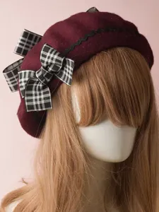 Classic Lolita Beret Plaid Bow Wool Burgundy Lolita Bowler Hat #425766