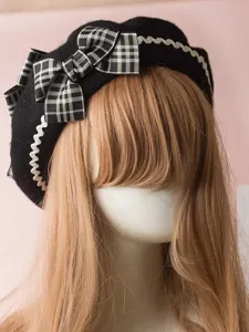 Classic Lolita Beret Plaid Bow Wool Burgundy Lolita Bowler Hat #425767