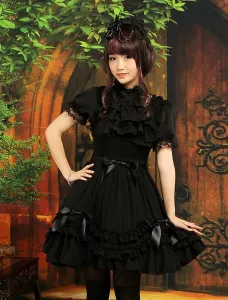 Sweet Black Straps Neck Bow Chiffon Cute Lolita Jumper Skirt #402856