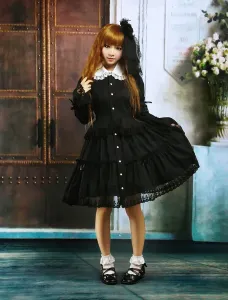 Black Cotton Lolita OP Dress Long Sleeves Round Collar Lace Trim #407196