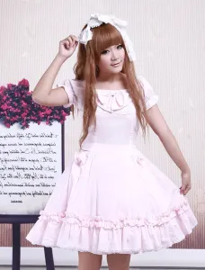 Cotton Pink Lace Short Sleeves Cosplay Lolita Dress #407397