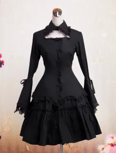 Gothic Lolita Dress OP Black Long Hime Sleeves Ruffles Lace Trim Cotton Lolita One Piece Dress #407148