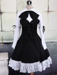 Cotton White And Black Long Sleeves Punk Lolita Blouse And Skirt #407202