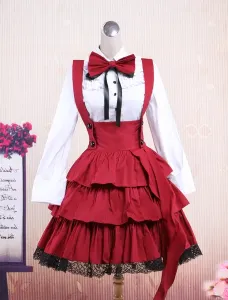 Cotton White Long Sleeves Blouse And Black Ruffles Lolita Skirt Outfit #402791