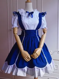 Sweet Blue Cotton Short Sleeves Lolita Outfits #405562