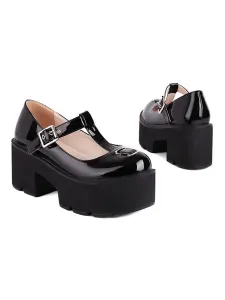 Lolita Pumps Black PU Leather Round Toe T-Strap Heels Lolita Shoes #509372