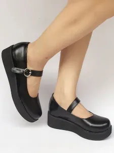 Platform Lolita Pumps Shoes Ankle Strap Black Wedge Shoes #415366