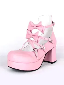 Sweet Chunky Heels Lolita Shoes Platform Bow Decor Round Toe #403429