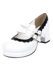 Sweet Lolita Chunky Square Heels Shoes Bows Trim Round Toe #403051