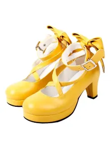 Sweet Lolita Shoes Platform Heels Bow Round Toe Cross Front Lolita Pumps #404784