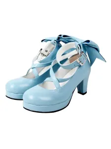 Sweet Lolita Shoes Platform Heels Bow Round Toe Cross Front Lolita Pumps #404795
