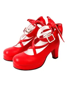 Sweet Lolita Shoes Platform Heels Bow Round Toe Cross Front Lolita Pumps #404817