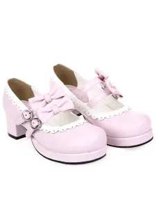 Sweet Lolita Square Heels Shoes Platform Straps Bows Buckles White Trim #404098