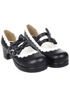 Sweet Lolita Square Heels Shoes Platform Straps Bows Buckles White Trim #404109