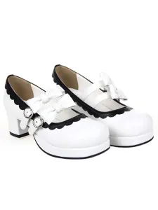 Sweet Lolita Square Heels Shoes Platform Straps Bows Buckles White Trim #404120