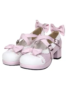 Sweet Square Heels Lolita Shoes Bow Decor White Trim Round Toe #403903