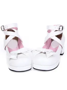 Sweet Square Heels Shoes Ankle Straps Bow Buckle #403002