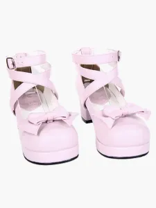Sweet Square Heels Shoes Ankle Straps Bow Buckle #403003