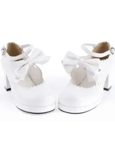Sweet White Chunky Heels Lolita Shoes Ankle Strap Bow Decor Round Toe #407272