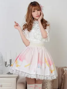 Sweet Light Pink White Printed Lolita Skirt with Lace Trim #404520
