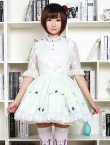 Sweet Lolita Dress In Light Green Printed Qi Lolita Suspender Skirt With White Lace Trim #411669