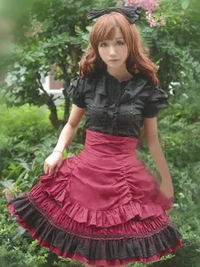 Sweet Lolita Dress SK Pink Lace Criss Cross Ruffle High Waist Cotton Lolita Skirt #413756