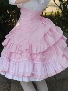 Sweet Lolita Dress SK Pink Lace Criss Cross Ruffle High Waist Cotton Lolita Skirt #413757
