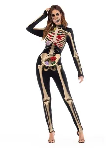 Skeleton And Flower Print Bodysuit Long Sleeve Skinny Catsuit #424844