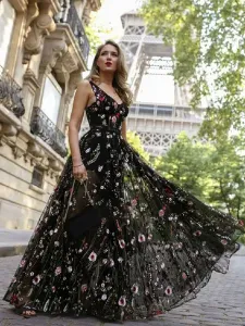 Black Maxi Dress V Neck Sleeveless Flower Embroidered Tulle Party Long Warp Dress #429716
